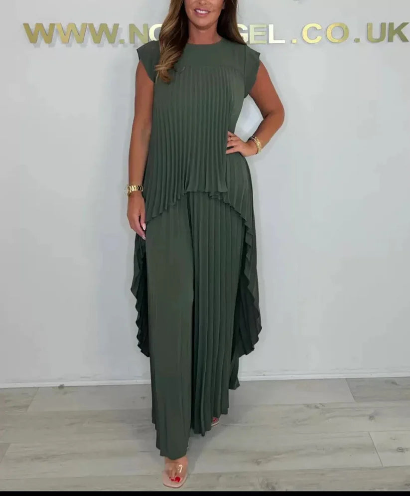 🔥Laney Pleated Short Sleeve Irregular Midi Top and Elastic Waist Wide Leg Pants Set✨