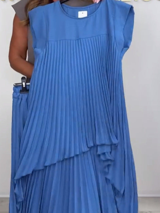 🔥Laney Pleated Short Sleeve Irregular Midi Top and Elastic Waist Wide Leg Pants Set✨