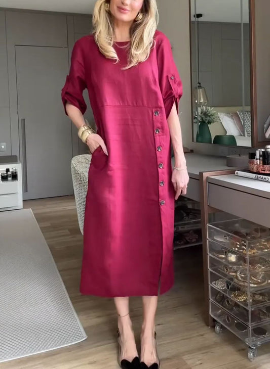 NEW🔥 2025 Women's Solid Color Round Neck Split Mid-Length Casual Dress